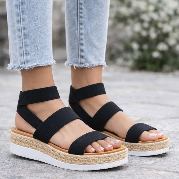 Madden Girl Shoes - Madden Girl Bree Black Espadrille Platform Sandals | Women's Size 9 M